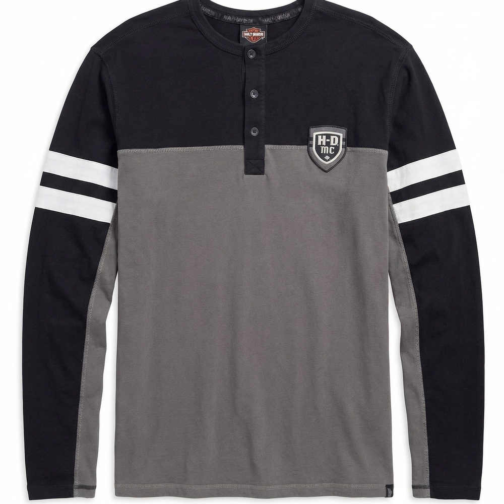 Harley-Davidson Black‎ & Gray Long-Sleeve Henley with White Sleeve Stripes